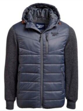 New Reebok Navy Hybrid Puffer Jacket wirh Sweater Fleece Sleeves